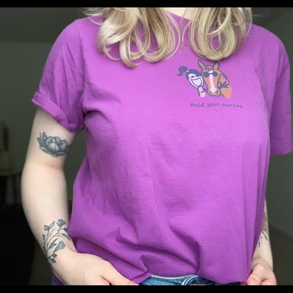Life Is Good purple hold your horses tshirt